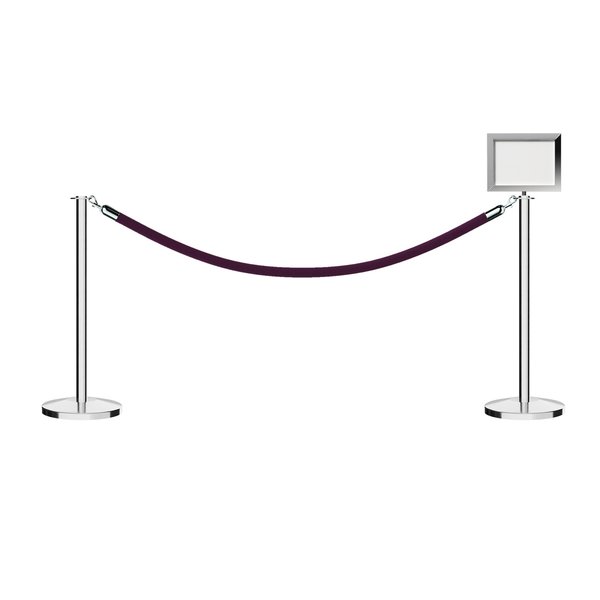 Montour Line Stanchion Post & Rope Kit PolSteel 2FlatTop 1Purple Rope 85x11HSign C-Kit-1-PS-FL-1-Tapped-1-8511-H-1-PVR-PE-PS